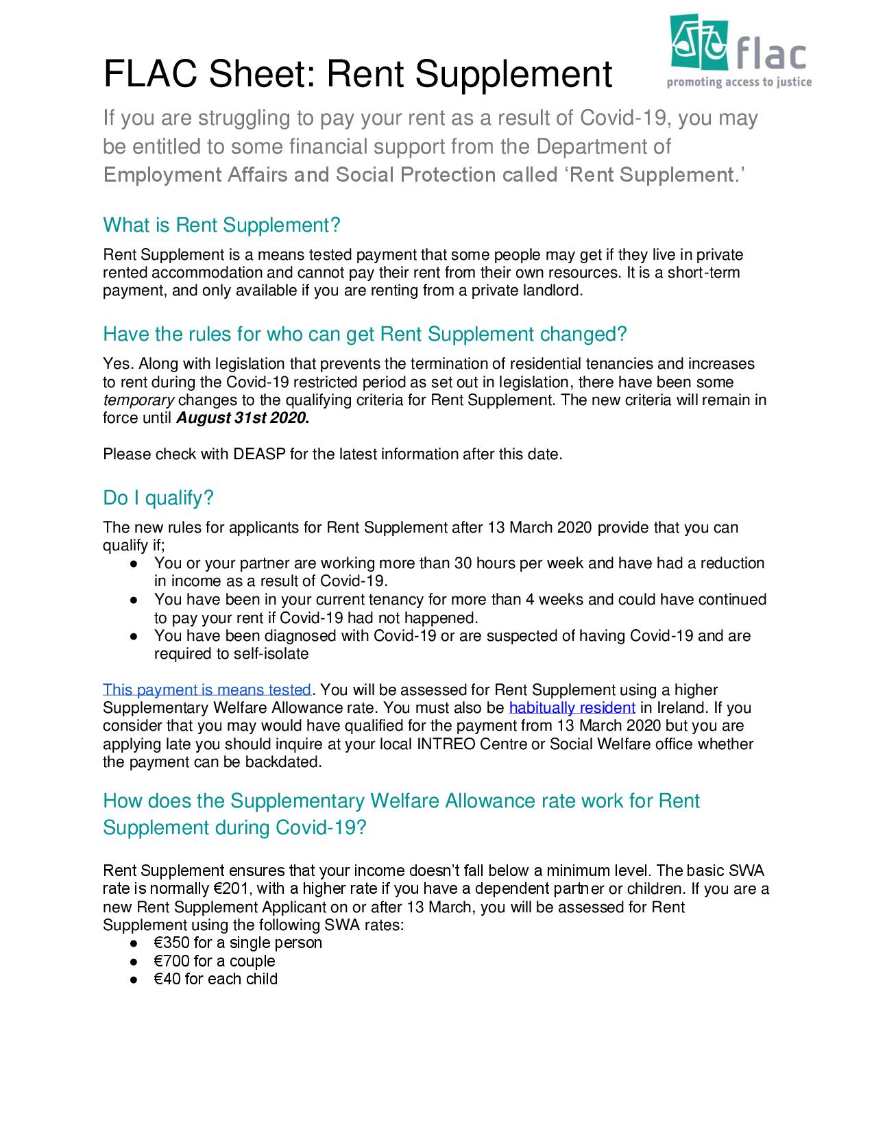 FLAC Sheet Rent Supplement