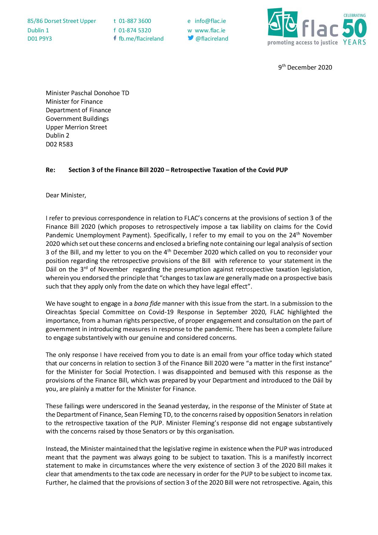 Follow up Letter to Minister Pascal Donohoe 09 12 2020
