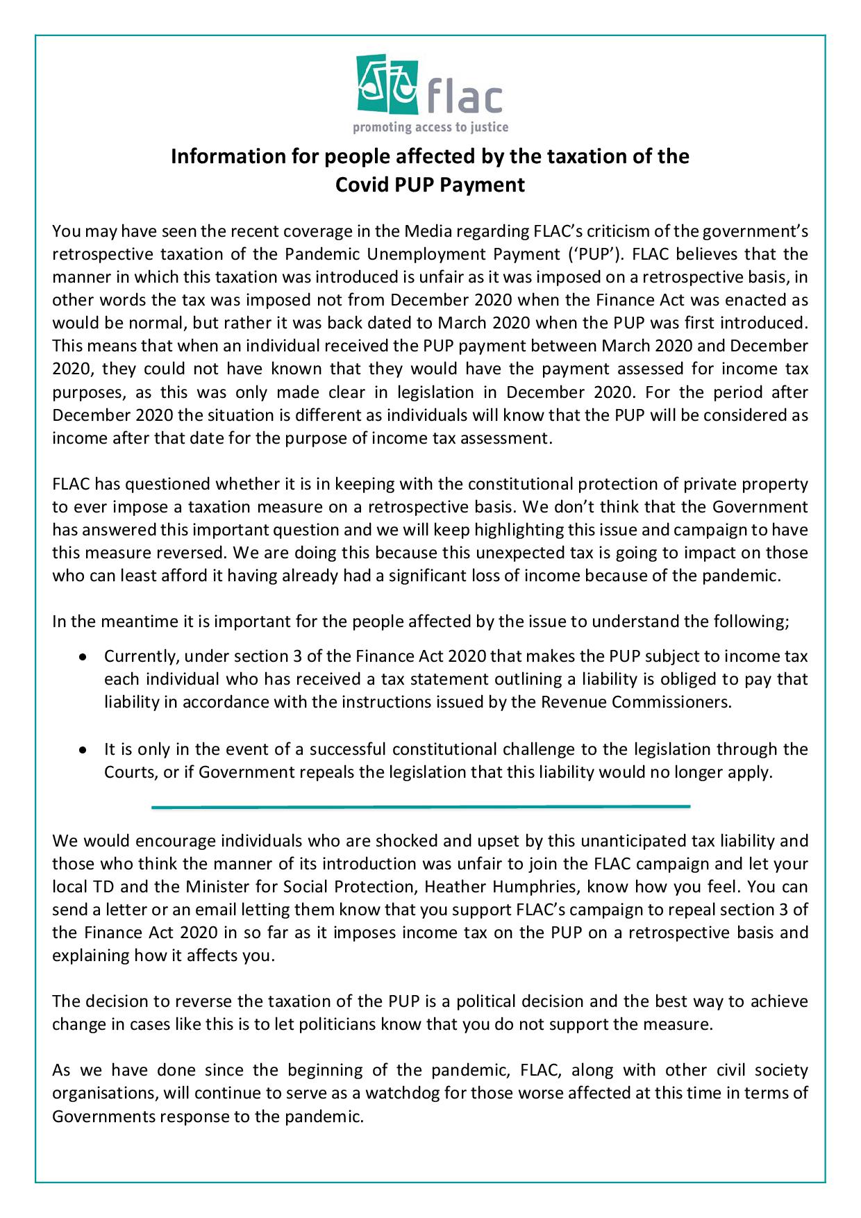 Covid PUP taxation Information Sheet