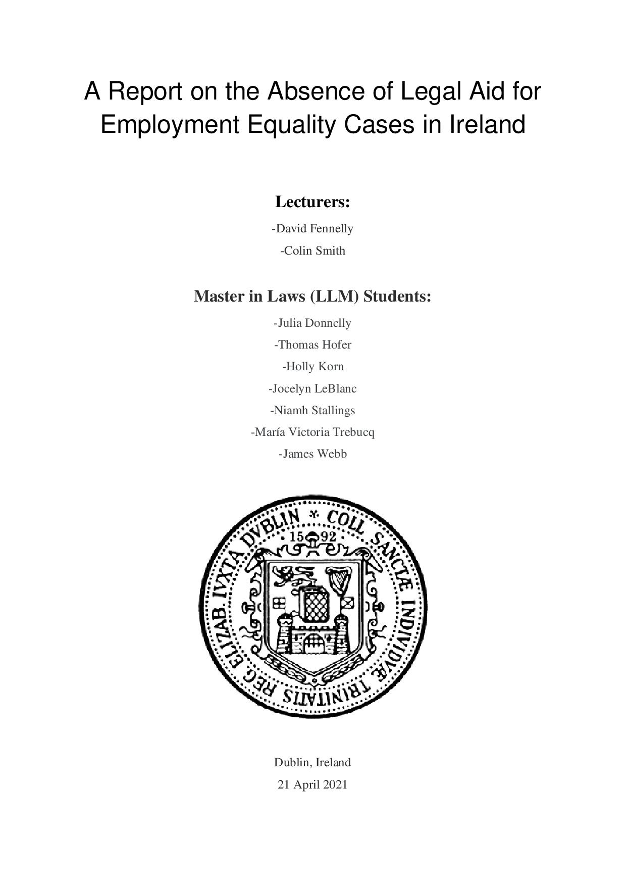 A Report on the Absence of Legal Aid for Employment Equality Cases in Ireland