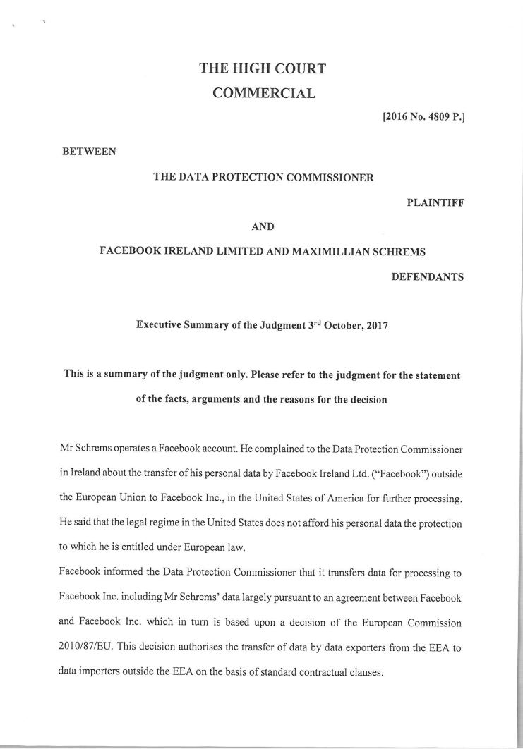 Executive Summary of the Judgement between The Data Protection Commissioner and Facebook Ireland Limited and Maximillian Schrems
