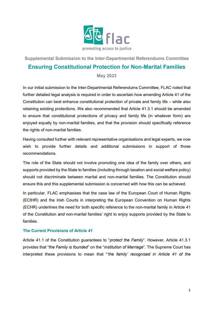 FLAC Supplemental Submission to the Inter Departmental Referendum Committee re Non Marital Families