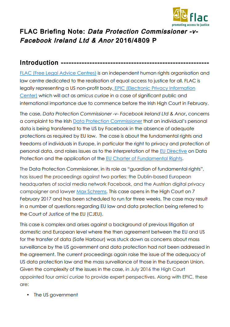FLAC Briefing Note: Data Protection Commissioner -v- Facebook Ireland Ltd & Anor 2016/4809 P