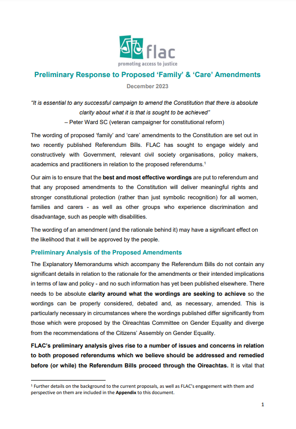 FLAC Preliminary Response to Proposed ‘Family’ & ‘Care’ Amendments