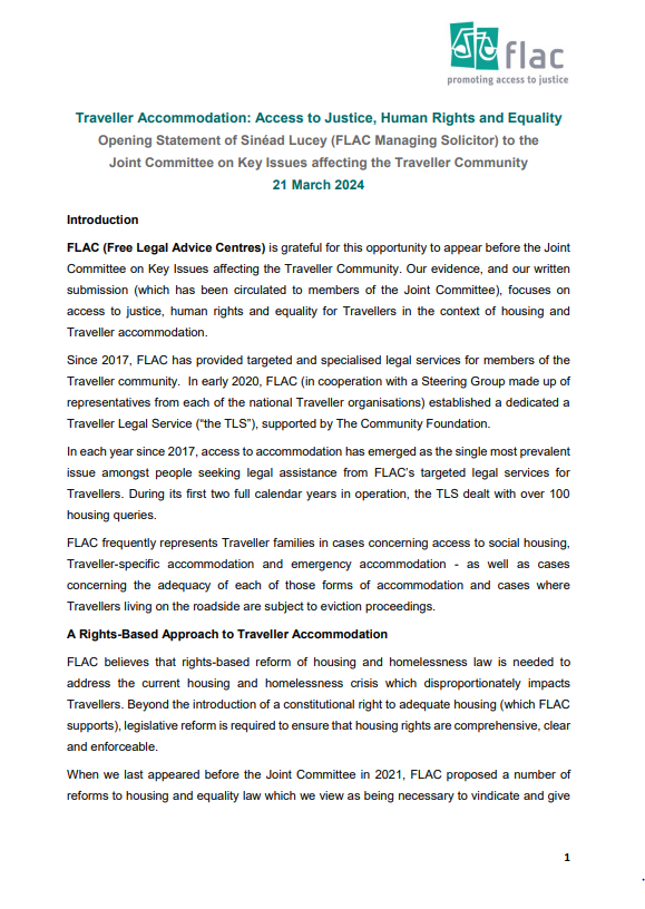 Opening Statement of Sinéad Lucey (FLAC Managing Solicitor) to the Joint Committee on Key Issues affecting the Traveller Community on 21 March 2024