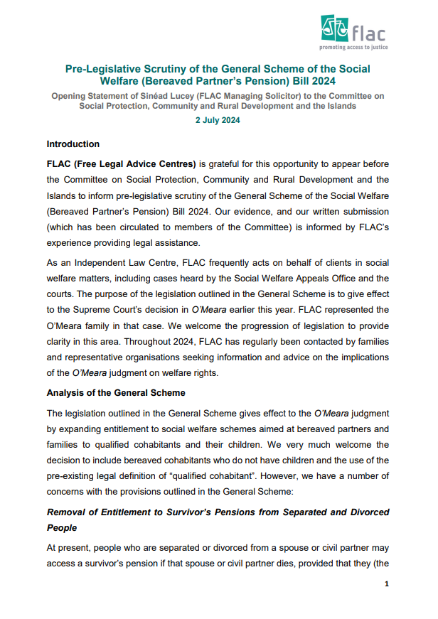 Opening Statement of Sinéad Lucey (FLAC Managing Solicitor) to the Oireachtas Social Protection Committee re the General Scheme of the Social Welfare (Bereaved Partner’s Pensions) Bill 2024
